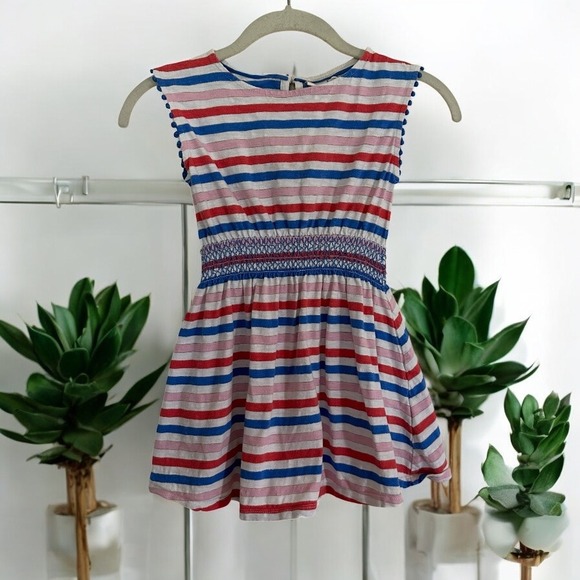 Mini Boden Girl Dress Striped Red White Blue Smocked Sleeveless PomPom Size 5-6Y - Picture 1 of 8